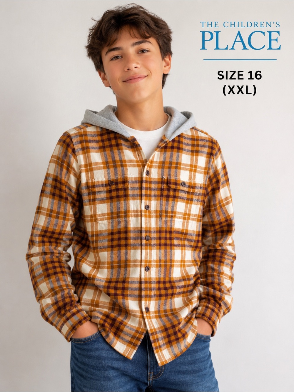 The Children’s Place Boys Hooded Plaid Flannel Shirt Size 16 (XXL)
